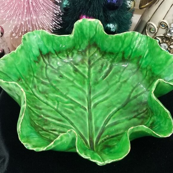 Antique Green Lettuceware Cabbage Leaf Majolica Bowl Paste Glaze Italy Napoli - Picture 3 of 10